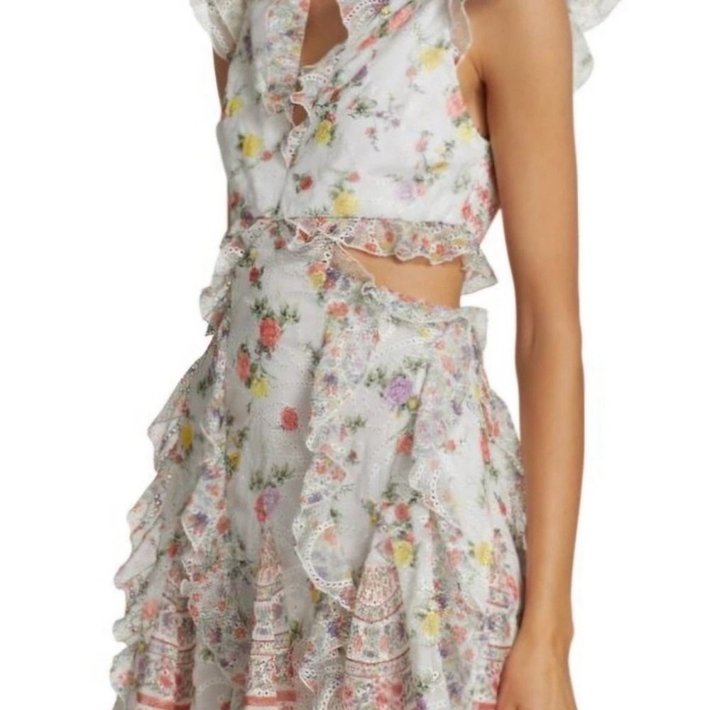 Alice + Olivia White Mini Dress with Pastel Floral Ruffle Details